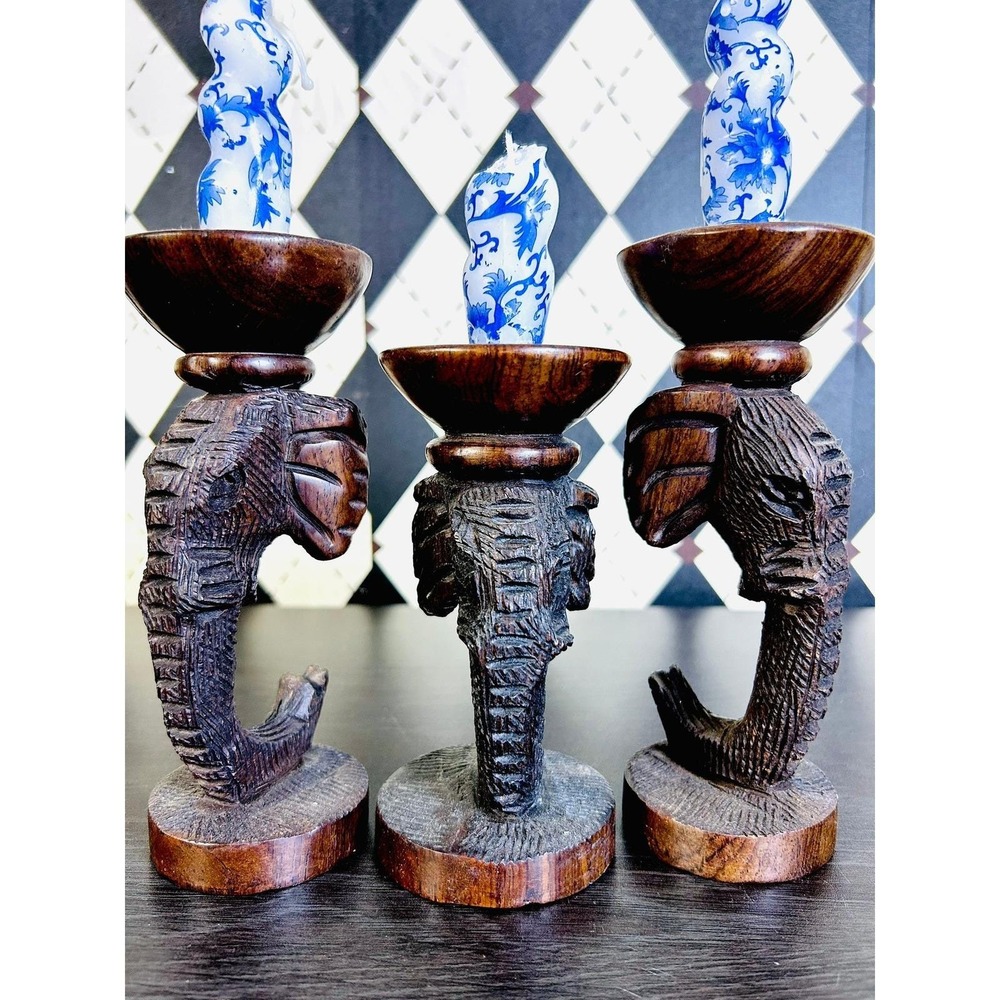 Hand Carved Zimbabwe Wooden Elephant Candle Holders Set of 3 African Safari - Picture 7 of 15
